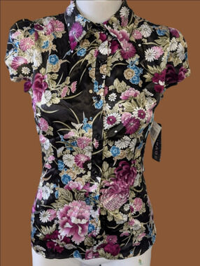 VINTAGE Y2K Floral Satin Button-Front Top Black with Pink & Blue Flowers NWT